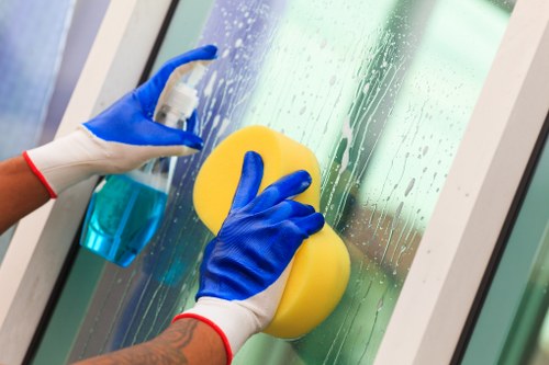 Cleaning products and tools arranged safely for carpet cleaning